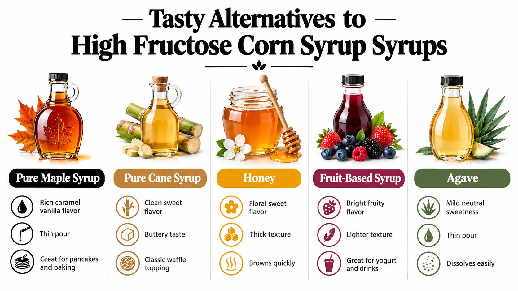 An infographic showing five healthy, natural alternatives to high fructose corn syrup for sweetening foods and drinks.