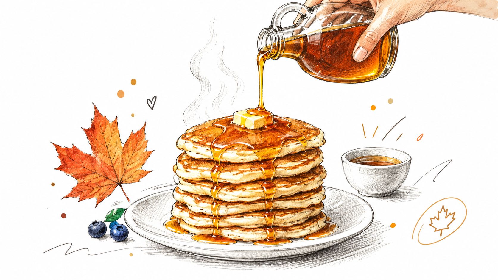 A hand pouring maple syrup from a glass pitcher onto a stack of pancakes on a plate.