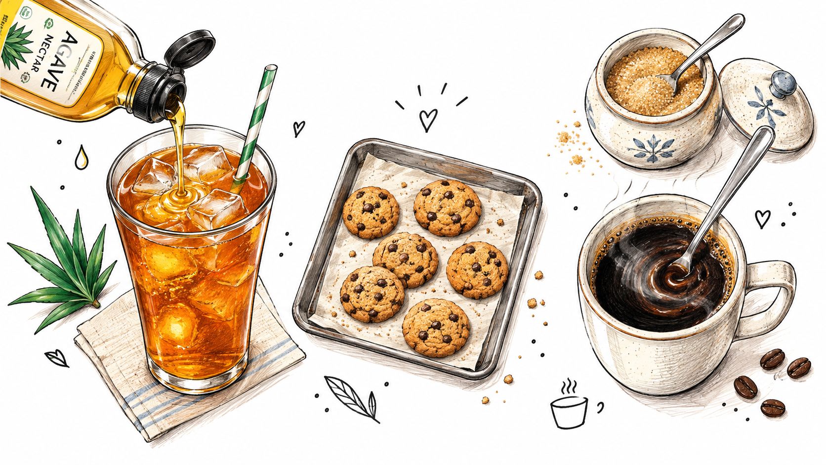 A hand-drawn illustration showing agave nectar being poured into iced tea, chocolate chip cookies, and coffee.
