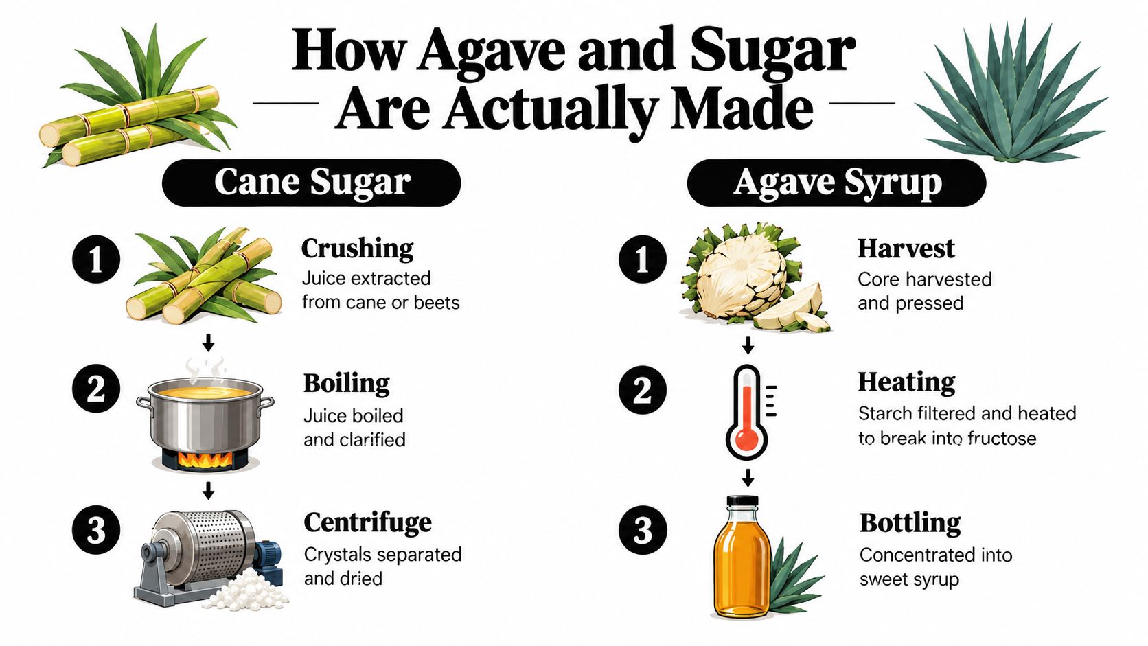 An infographic comparing the production processes of cane sugar and agave syrup through simplified numbered steps.