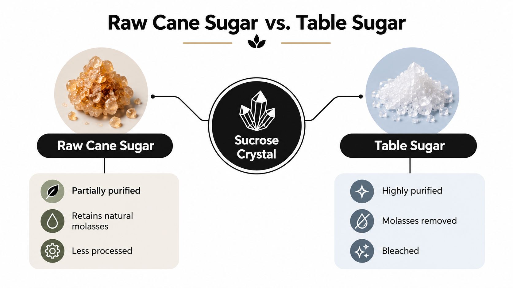 A comparison chart showing the differences between raw cane sugar and refined table sugar products.
