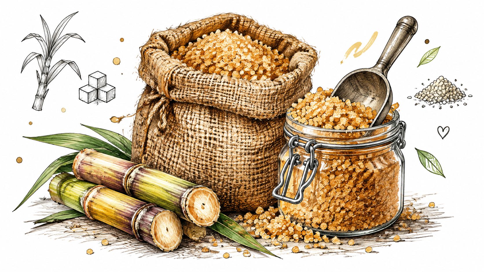 A burlap sack of raw cane sugar next to a glass jar, a scoop, and sugarcane stalks.