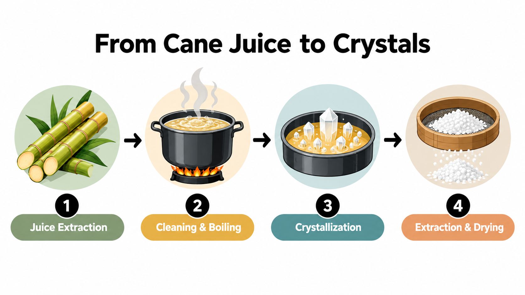 A four-step infographic illustrating the sugar production process from raw cane to final sugar crystals.