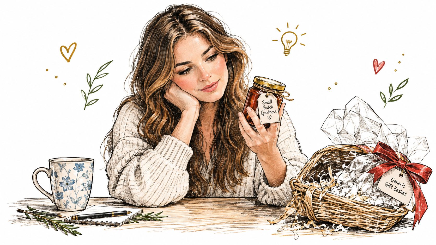 A young woman thoughtfully examining a jar of artisanal food while sitting near a gift basket.