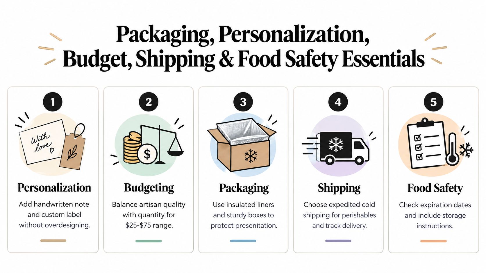 A five-step infographic guide detailing essentials for packaging, personalizing, and shipping unique food gifts safely.