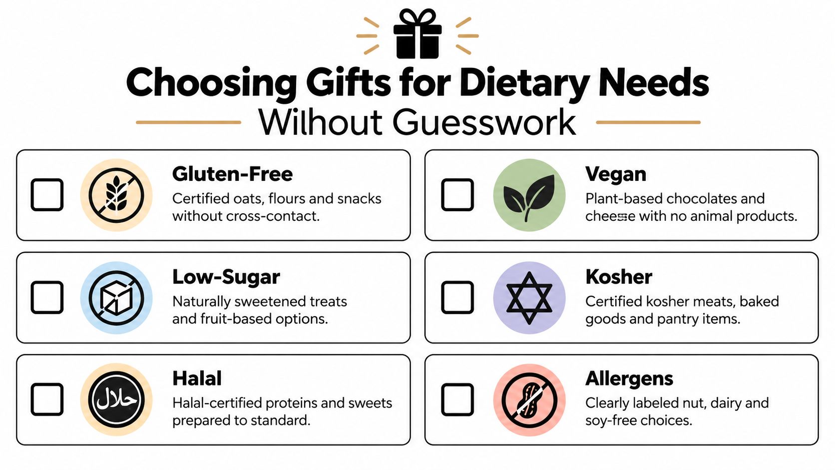 A checklist infographic titled Choosing Gifts for Dietary Needs, detailing categories like Gluten-Free, Vegan, Kosher, and Halal.
