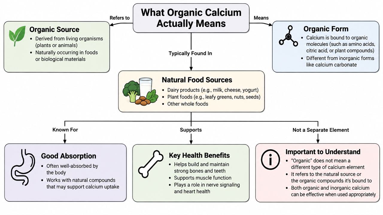 An infographic explaining the meaning, sources, and health benefits of organic calcium found in natural foods.