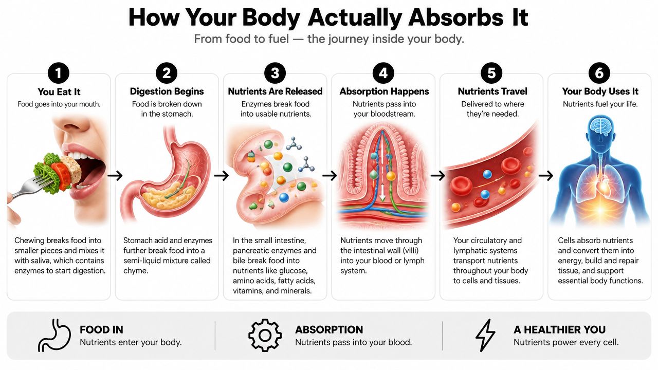 An educational infographic illustrating the six-step digestive process of how the body breaks down and absorbs nutrients.