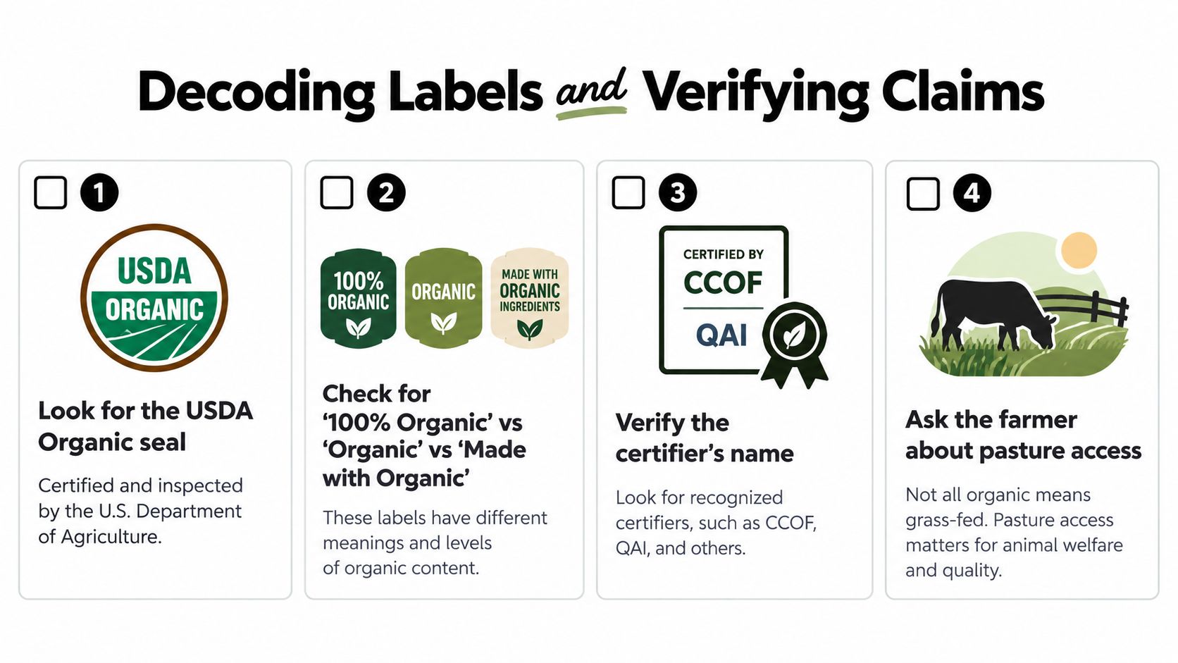 An infographic titled Decoding Labels and Verifying Claims, illustrating four steps to verify organic food standards.