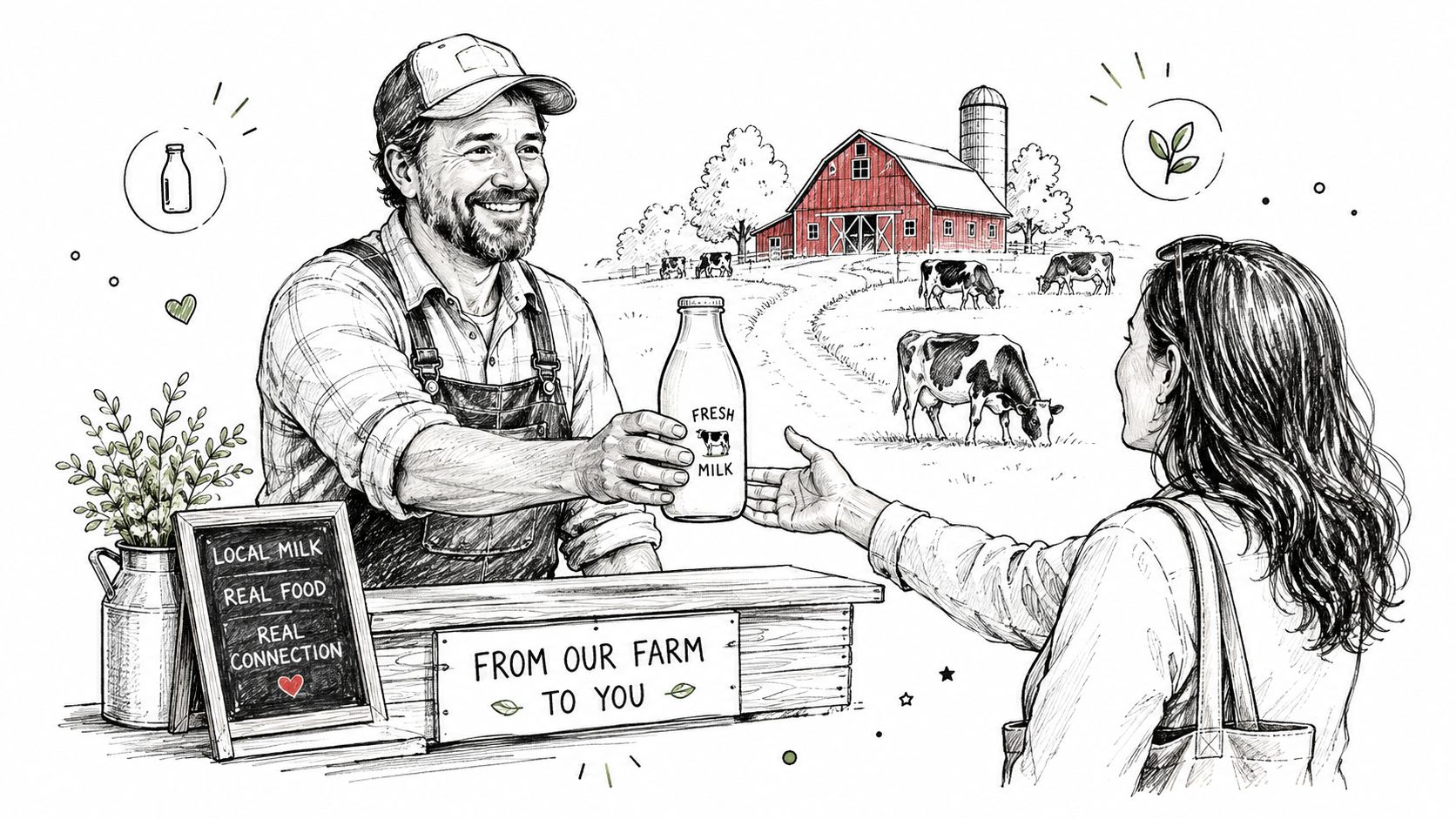 A friendly farmer handing a bottle of fresh milk to a customer at a farm market stand.