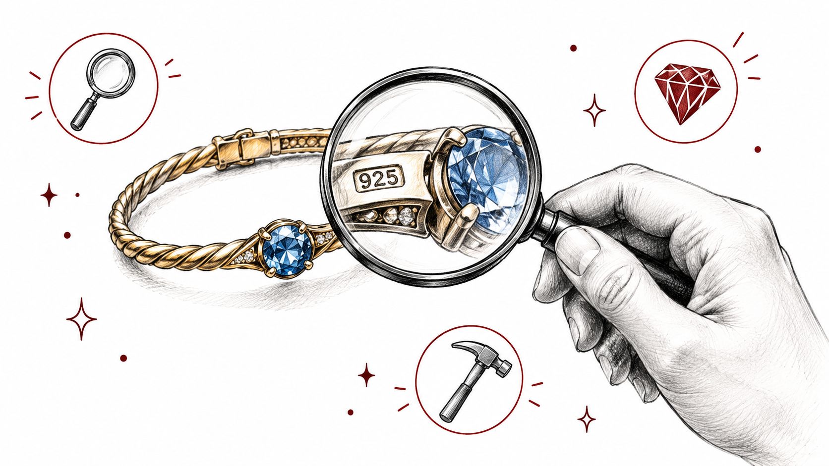 A hand holding a magnifying glass over a gold bracelet with blue gemstones and a 925 mark.