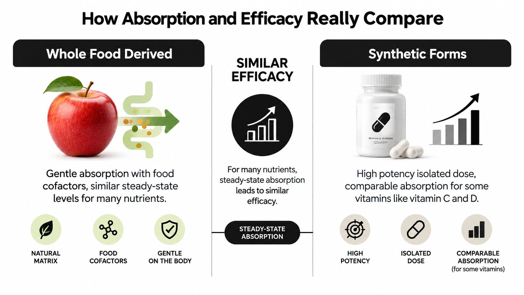 An infographic comparing absorption and efficacy of whole food derived nutrients versus synthetic vitamin supplement forms.