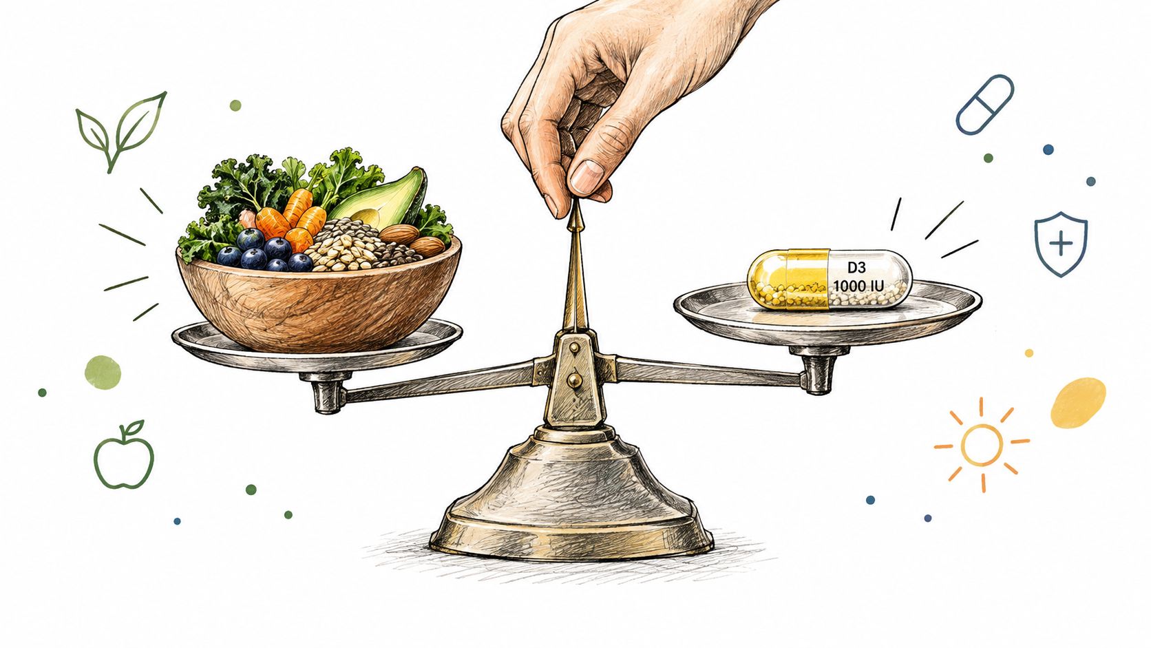 A hand balancing a bowl of fresh whole foods against a synthetic vitamin D3 capsule on scales.