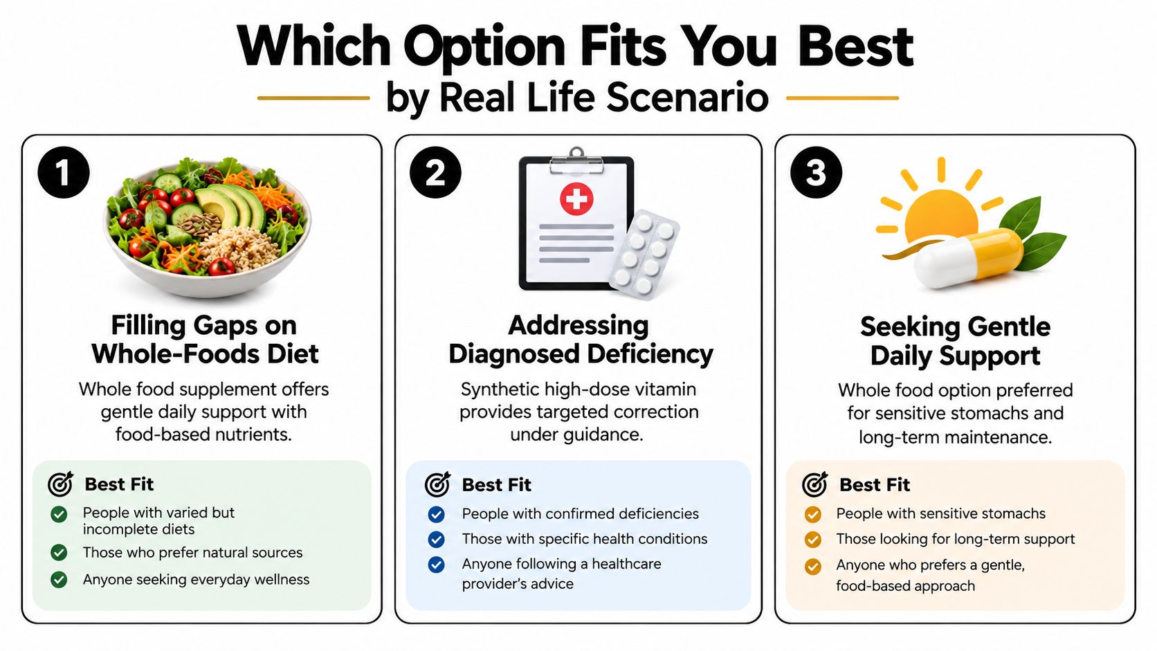 A comparison infographic showing three scenarios for choosing between whole food supplements and synthetic vitamins.