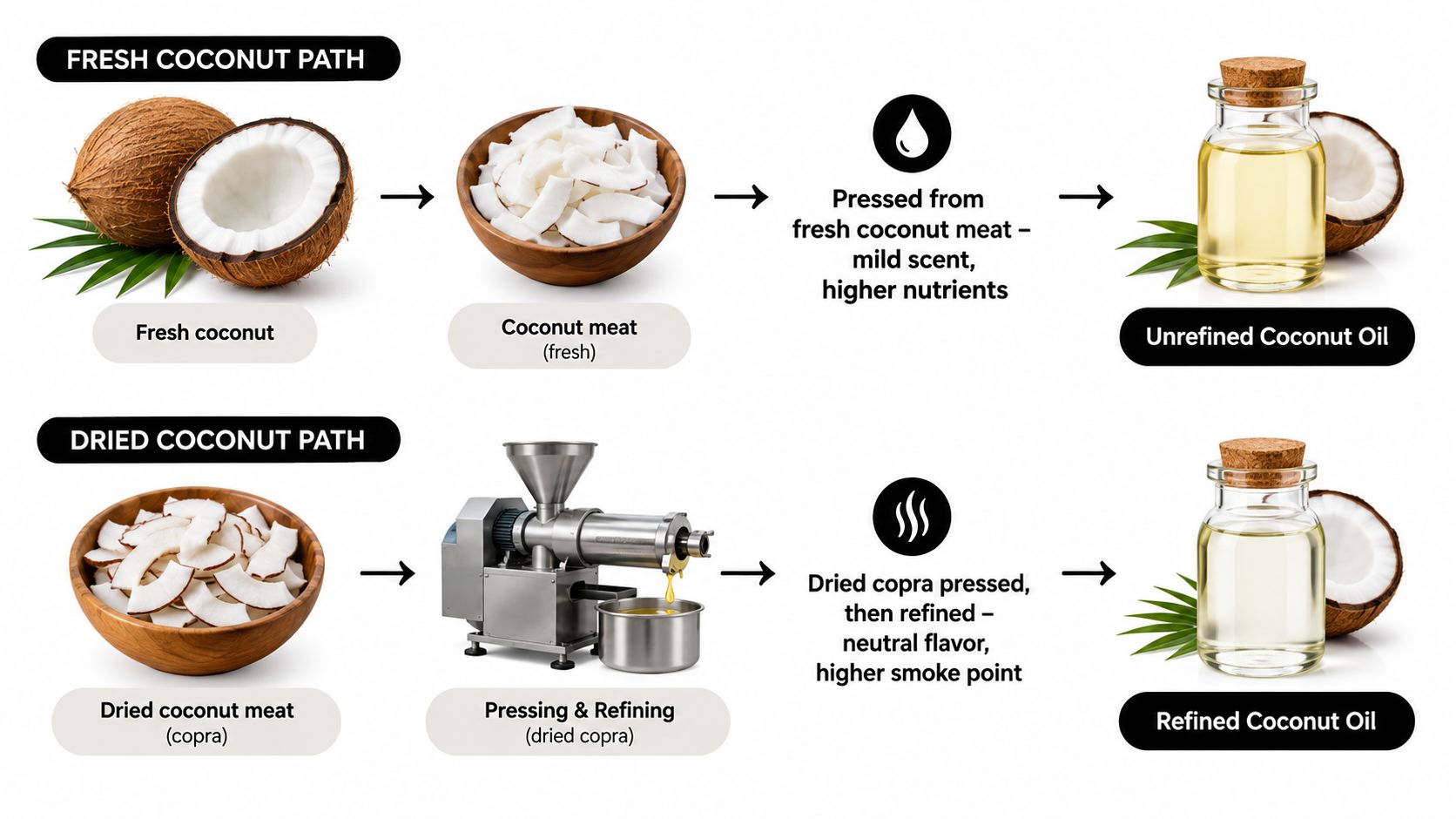 A diagram comparing the production processes of unrefined coconut oil from fresh meat and refined coconut oil from copra.