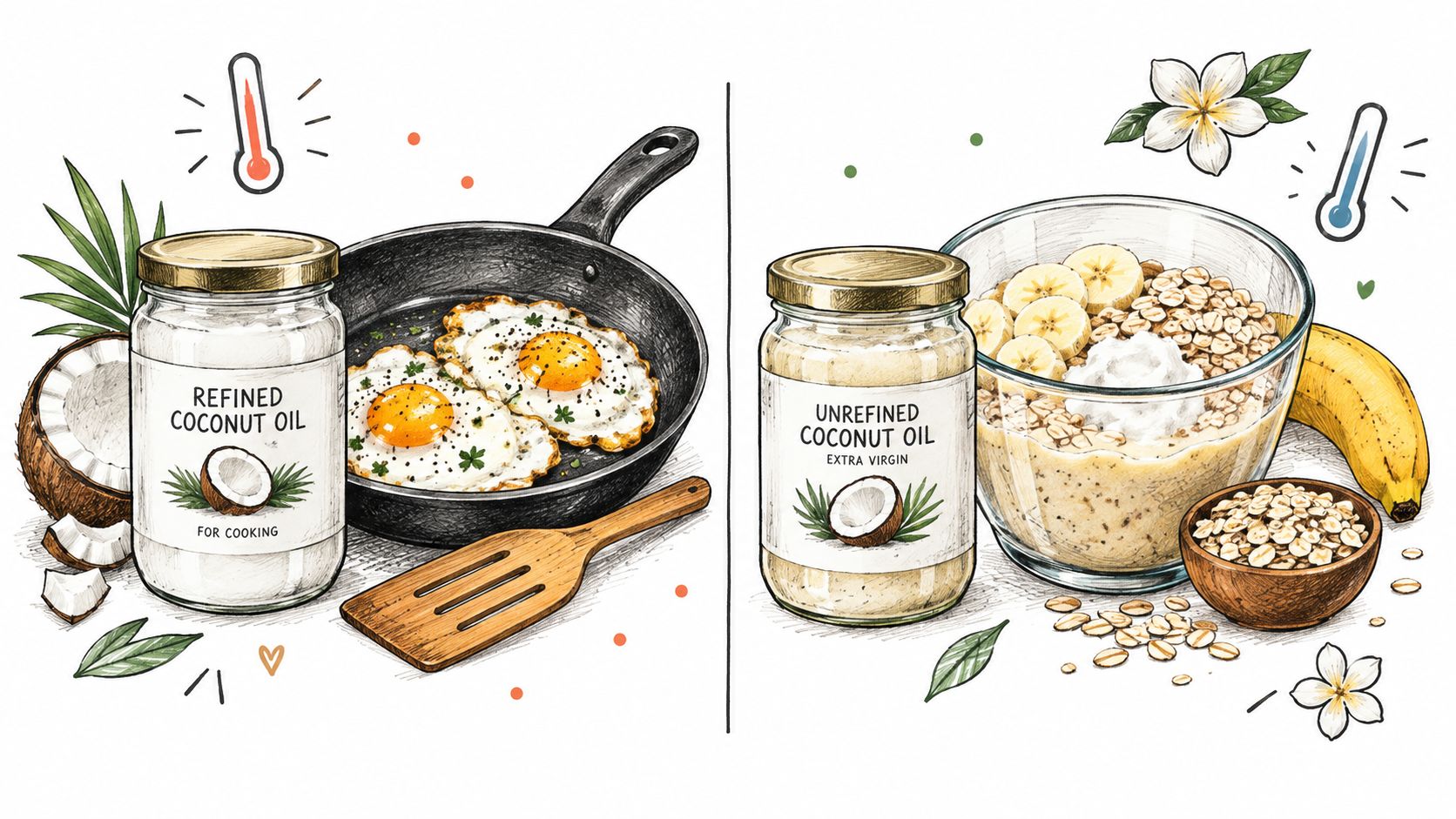 A split illustration showing refined coconut oil for cooking with fried eggs and unrefined coconut oil with oatmeal.