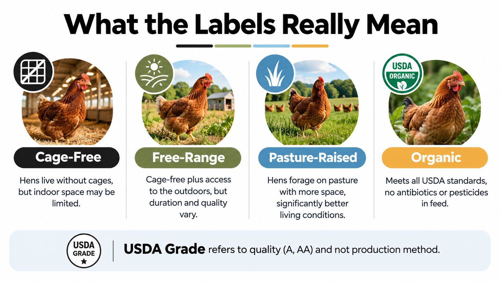 An infographic explaining the differences between egg production labels including cage-free, free-range, pasture-raised, and organic standards.