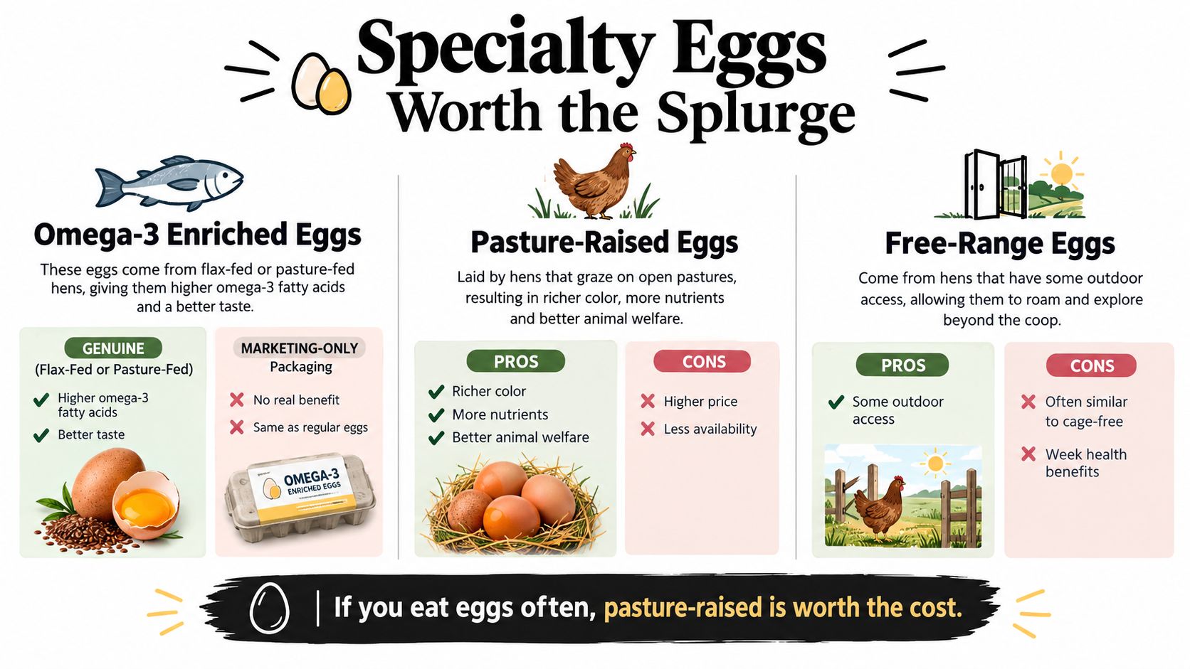 An infographic comparing different types of specialty eggs, including Omega-3 enriched, pasture-raised, and free-range options.