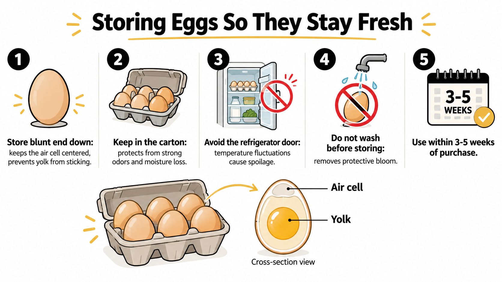 An infographic illustrating five essential tips for storing eggs properly to ensure freshness and prevent spoilage.