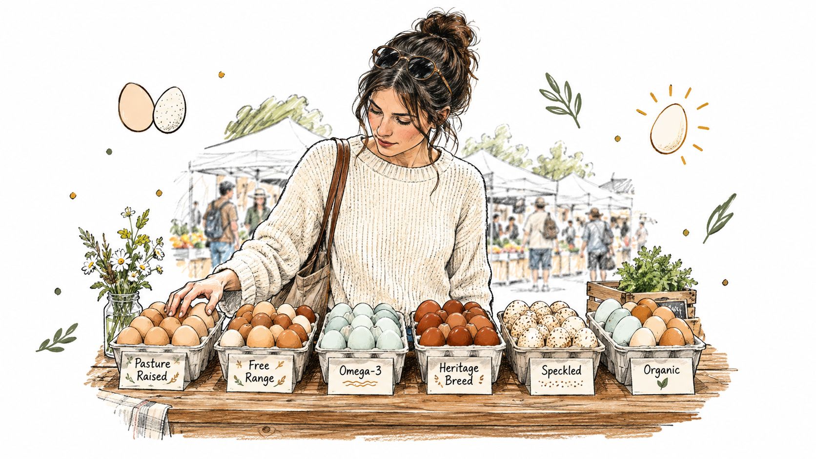 A woman choosing between various labeled cartons of eggs at a bustling outdoor farmers market.