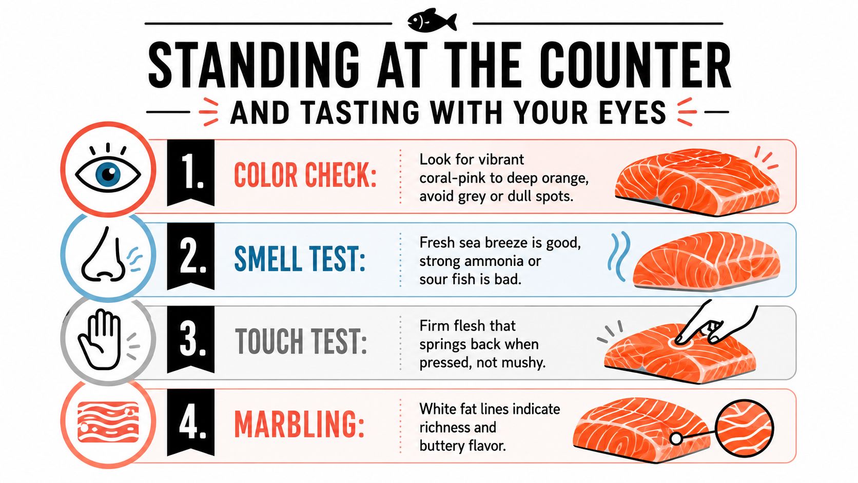 An infographic showing four steps to evaluate fresh salmon quality: color, smell, touch, and marbling.