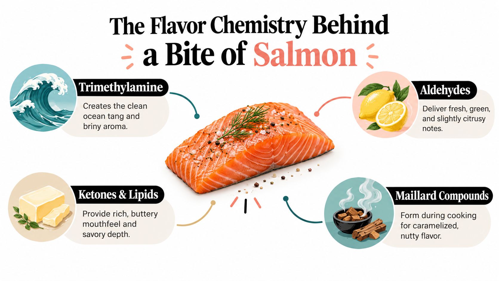 An infographic detailing the flavor chemistry of salmon, including trimethylamine, aldehydes, ketones, lipids, and Maillard compounds.