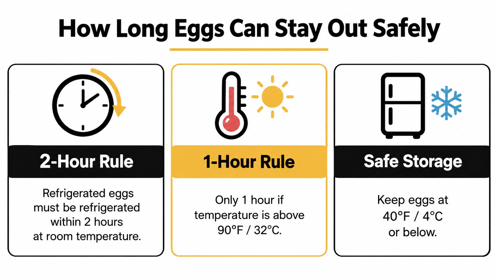 An infographic showing guidelines for how long eggs can safely stay out at room temperature.