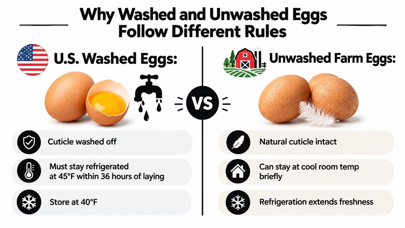 An infographic comparing US washed eggs to unwashed farm eggs regarding refrigeration requirements and cuticle protection.