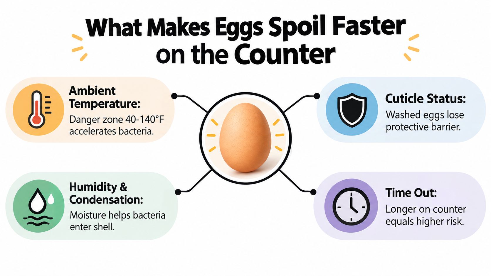 An infographic showing four factors like temperature and humidity that cause eggs to spoil on the counter.