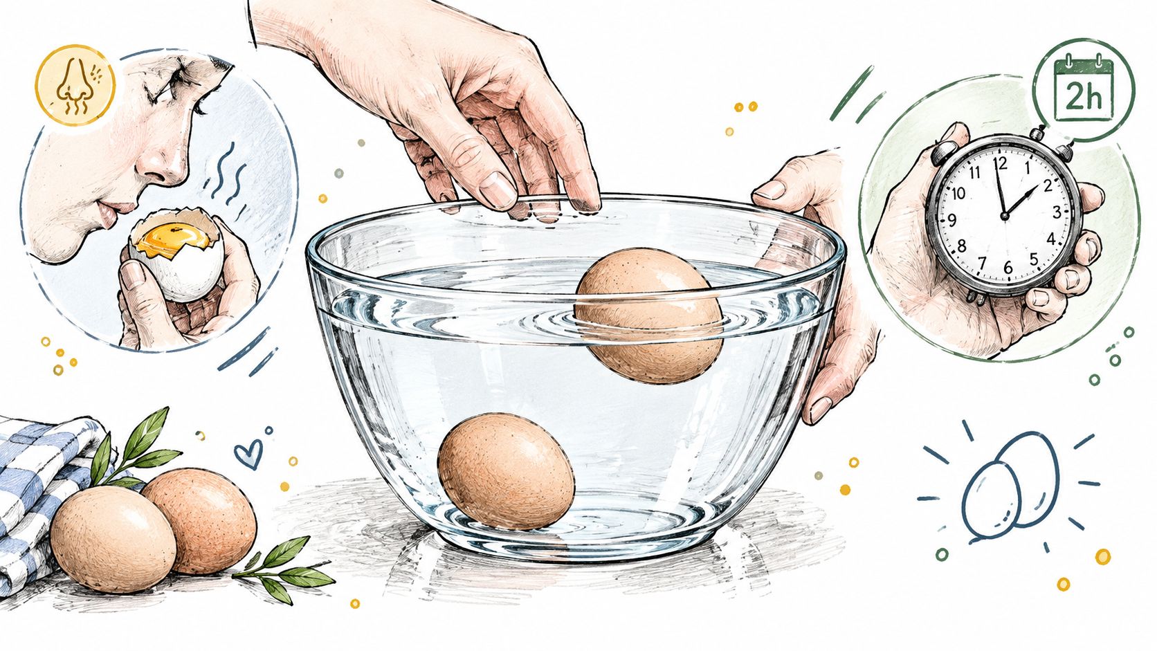 A hand holding a bowl with eggs in water, illustrating egg freshness testing and storage safety.