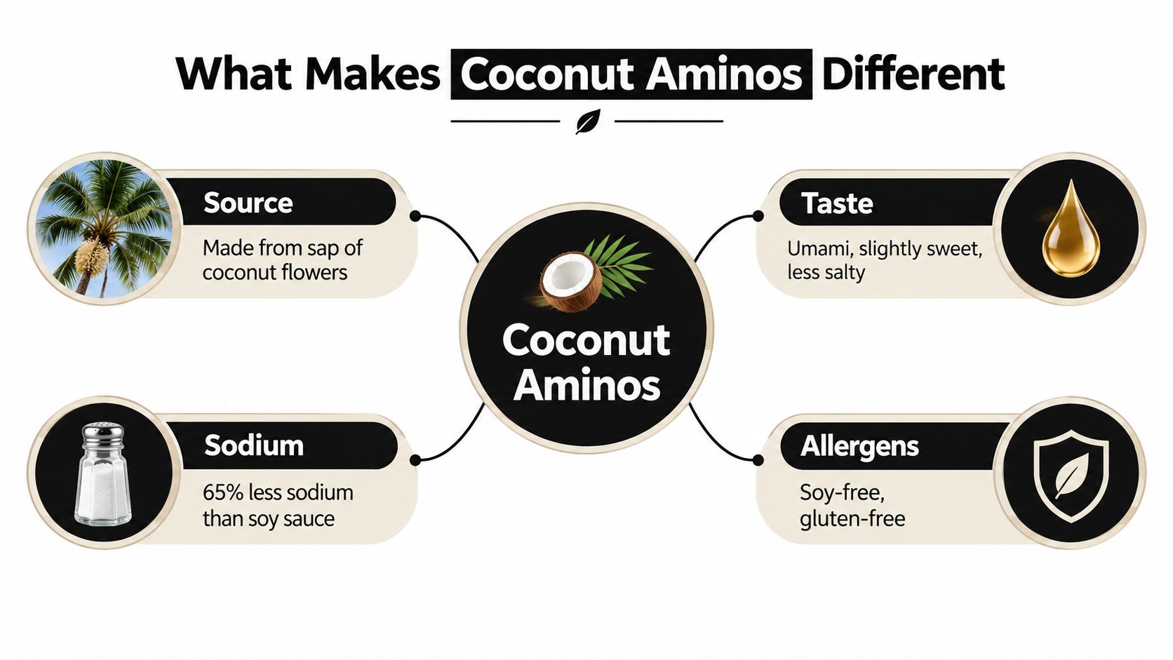 An infographic showing the four key benefits of coconut aminos: source, taste, sodium content, and allergens.