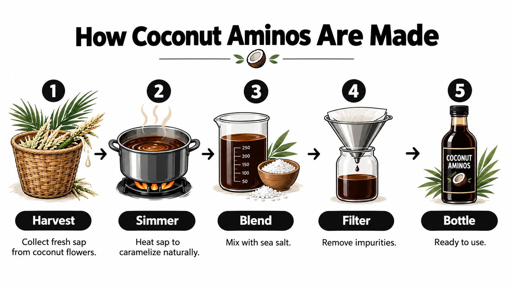 A step-by-step infographic illustrating the five-stage production process of making coconut aminos from fresh sap.