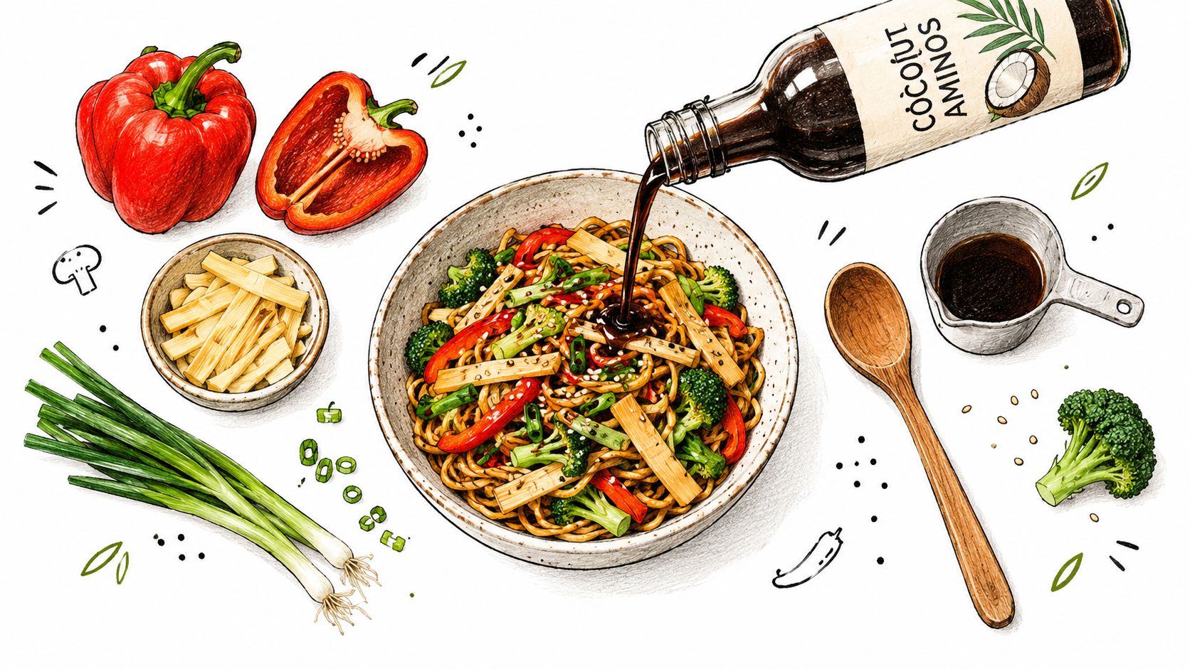 A colorful hand-drawn illustration depicting noodles in a bowl being drizzled with coconut aminos sauce.