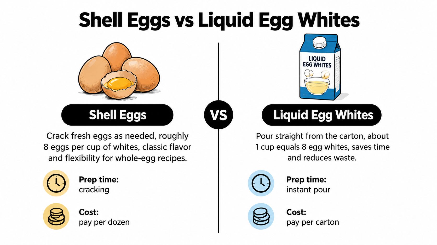 A comparison chart showing the differences between whole shell eggs and boxed liquid egg whites.