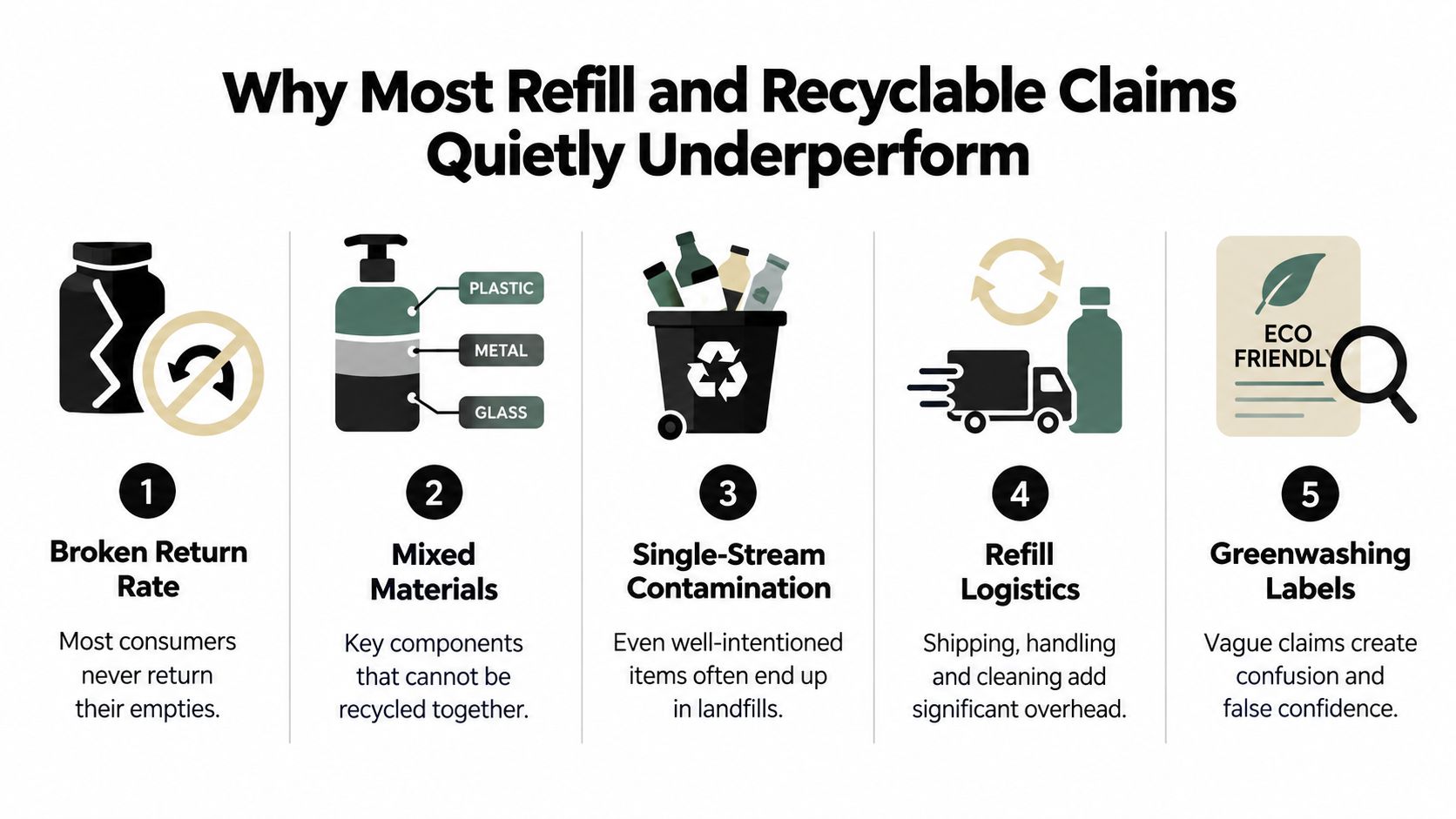 An infographic showing five reasons why refill and recyclable product claims often fail to meet sustainability goals.