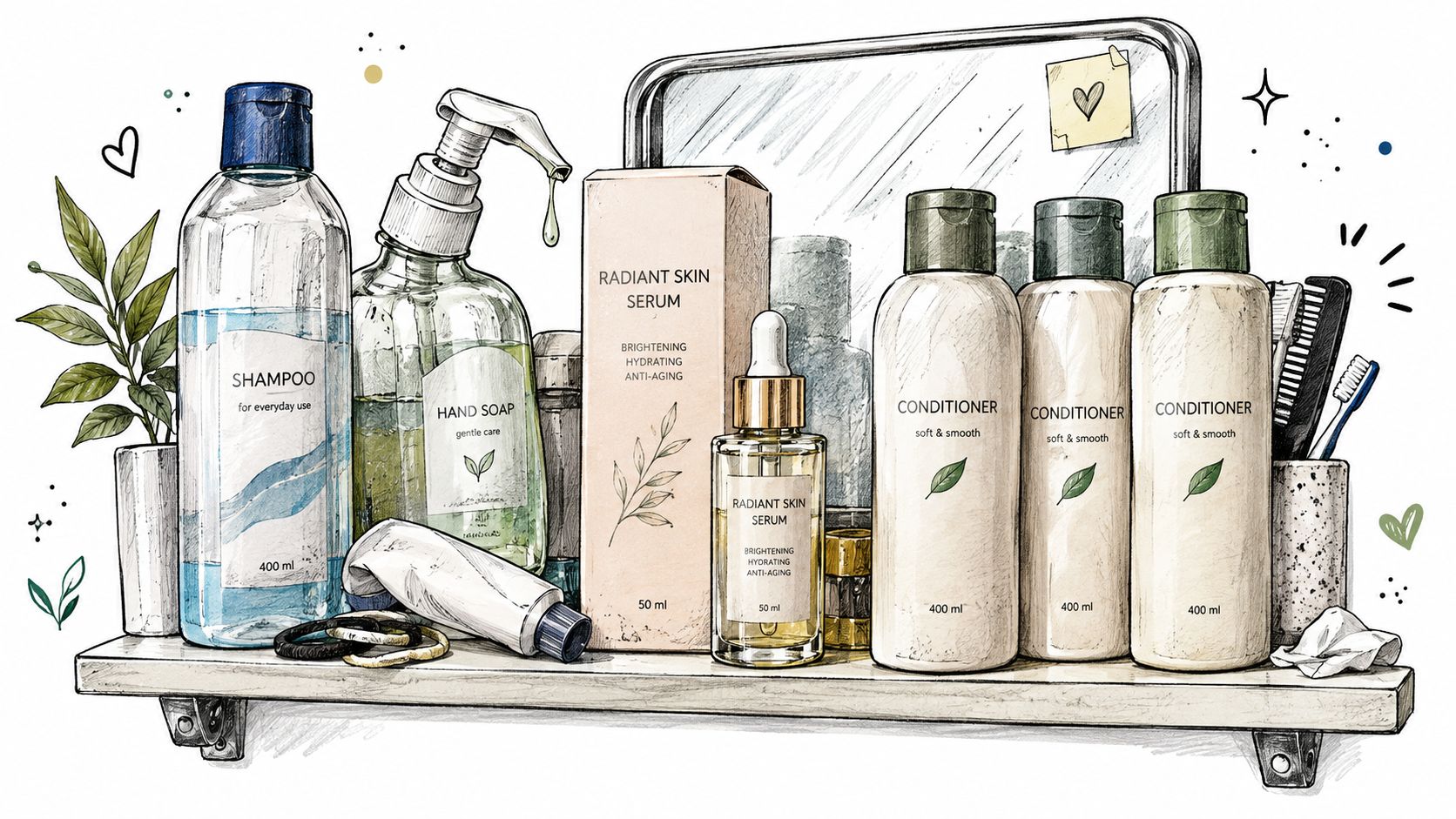 A hand-drawn illustration of various sustainable personal care products on a shelf with a mirror.