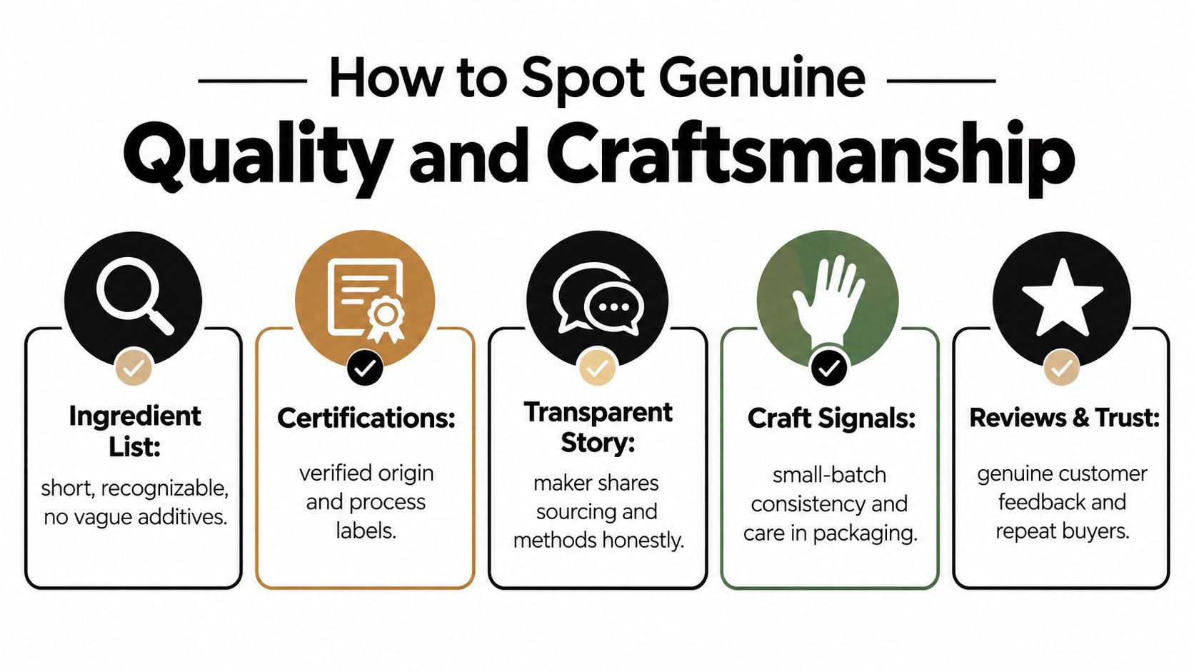 An infographic detailing five key indicators for identifying genuine product quality and high-level craftsmanship.