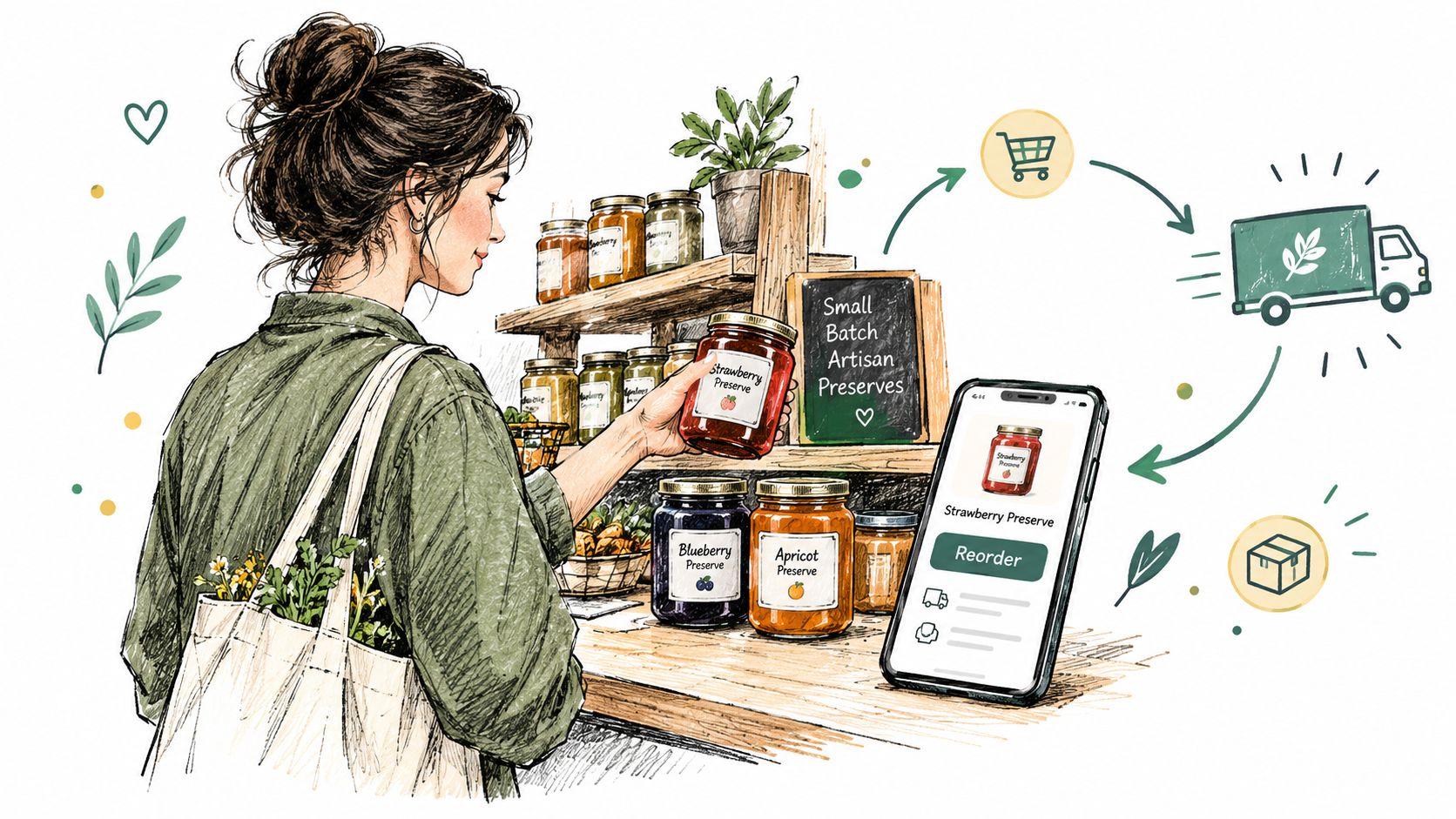 A woman shopping for artisan food products while using a mobile app for convenient home delivery services.