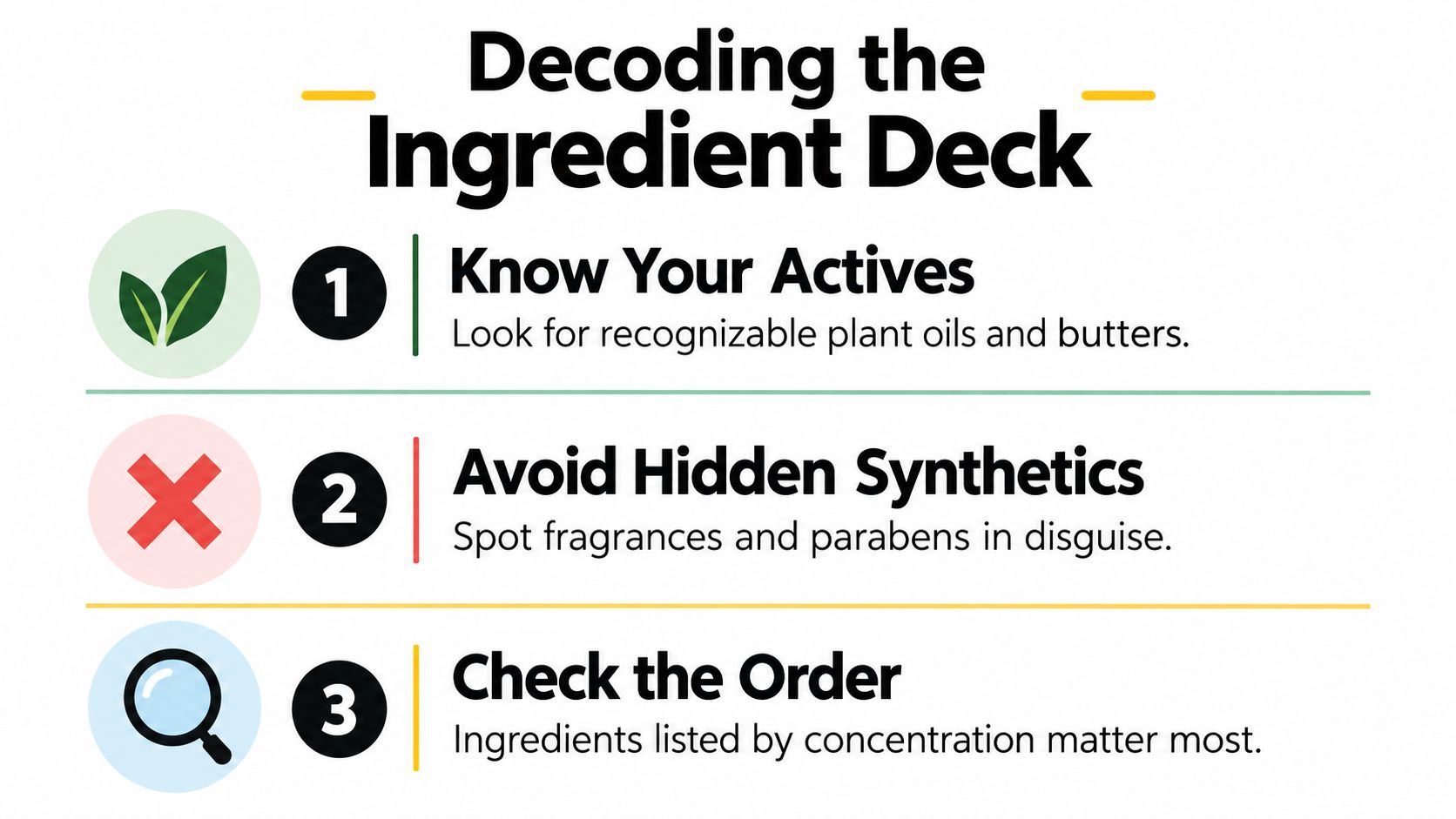 A visual guide titled Decoding the Ingredient Deck with three steps for identifying skin care ingredients.