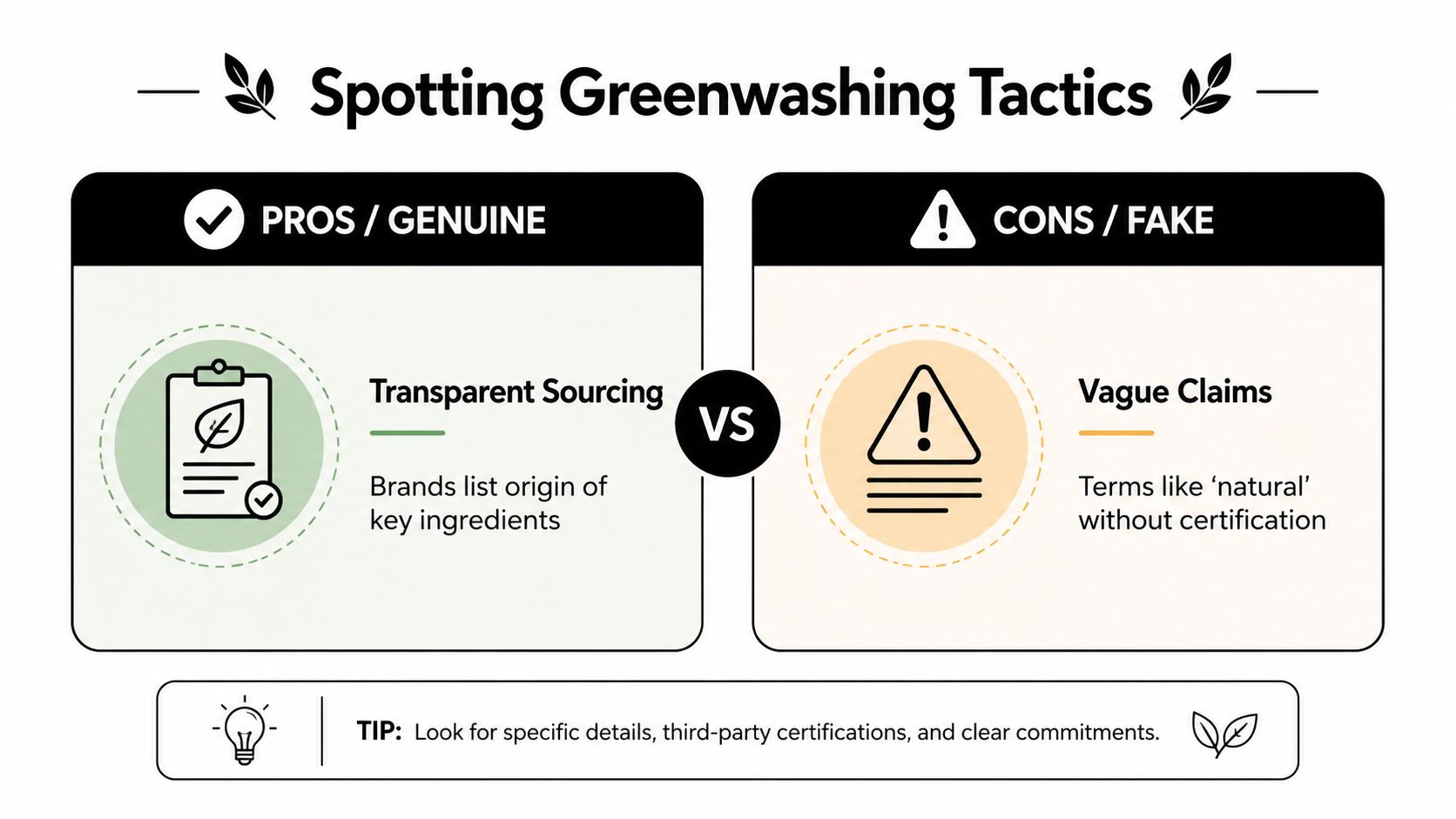A comparison infographic detailing genuine transparent sourcing versus fake vague greenwashing marketing claims for sustainable brands.