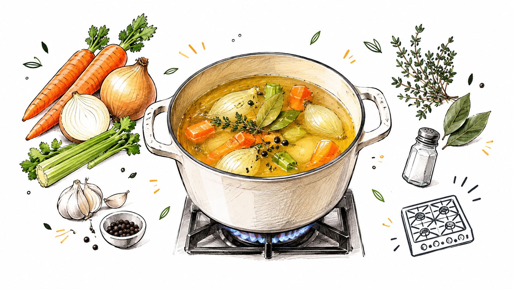 A hand-drawn illustration of a pot of vegetable broth cooking on a stove with fresh ingredients.