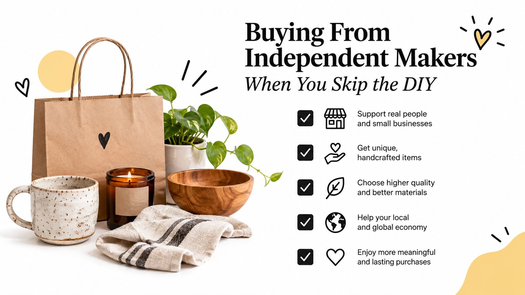 A brown shopping bag, a lit candle, a wooden bowl, and a cup on a white background.