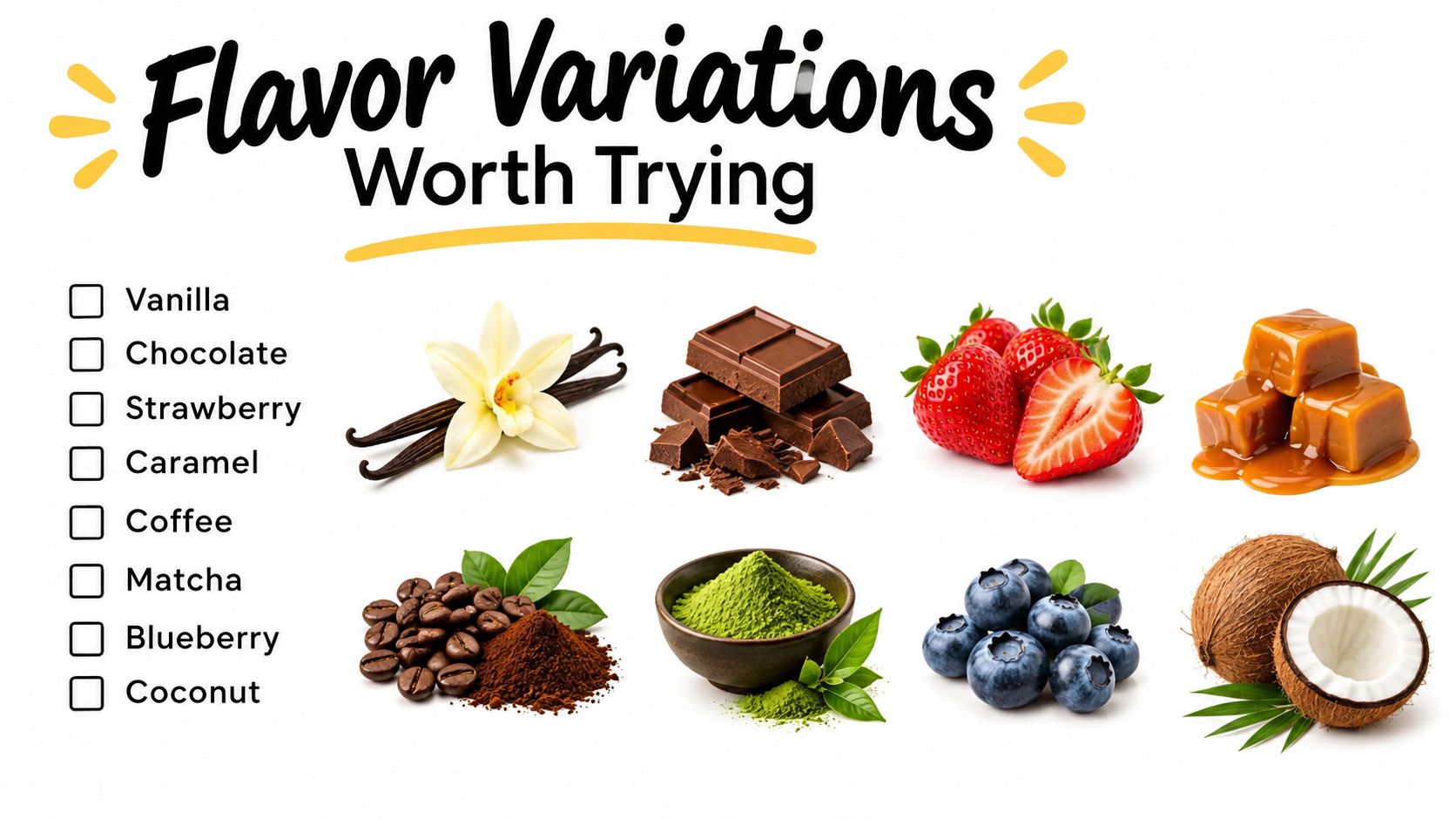 A checklist of eight popular dessert flavor variations including vanilla, chocolate, strawberry, caramel, coffee, matcha, blueberry, and coconut.