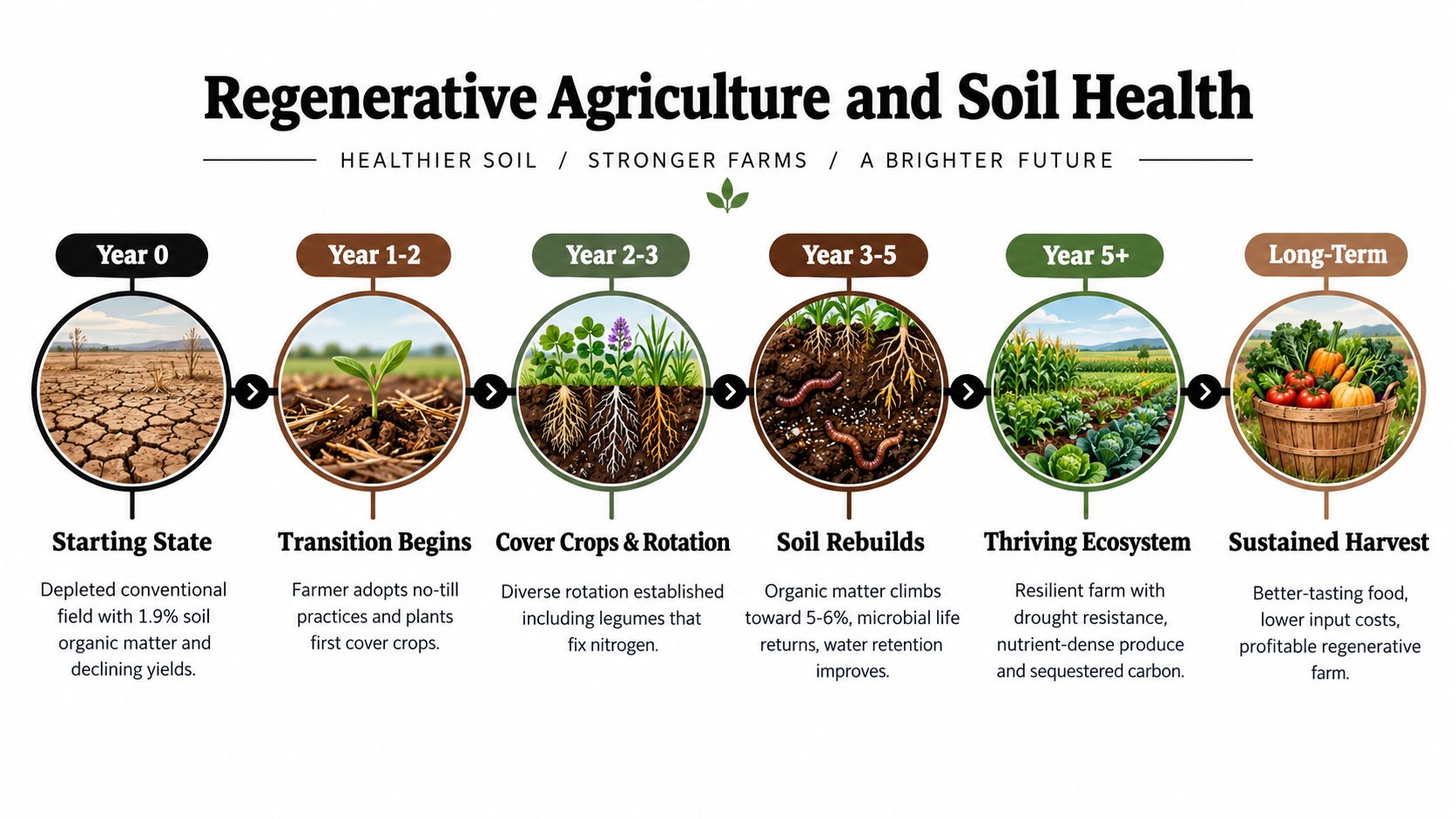 A timeline graphic illustrating the stages of regenerative agriculture from depleted soil to a thriving, productive farm.