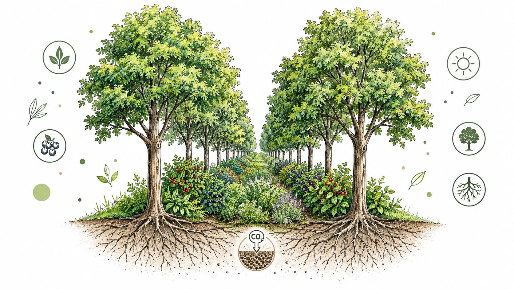 A watercolor style illustration showing an agroforestry system with rows of trees and diverse berry shrubs.