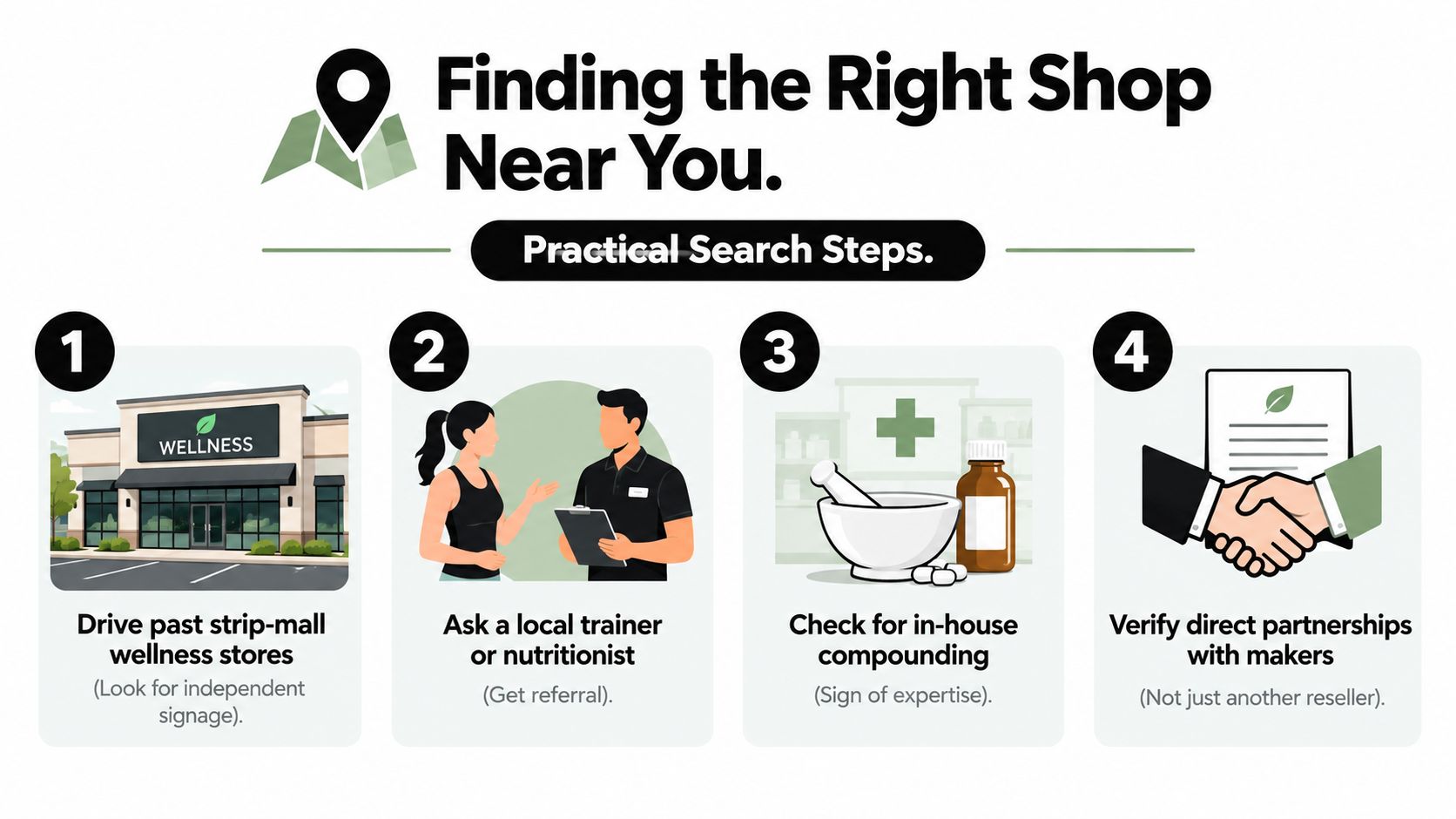 An infographic titled Finding the Right Shop Near You, listing four practical steps for choosing a wellness store.