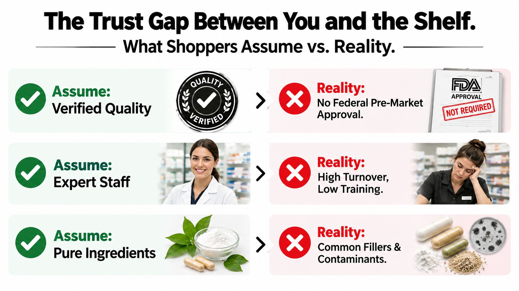 A comparison chart showing the trust gap between common consumer assumptions and the reality of supplement products.