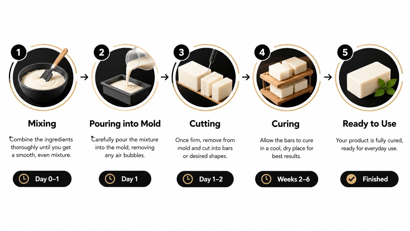 A five-step infographic illustrating the process of making cold process soap from mixing to finished product.