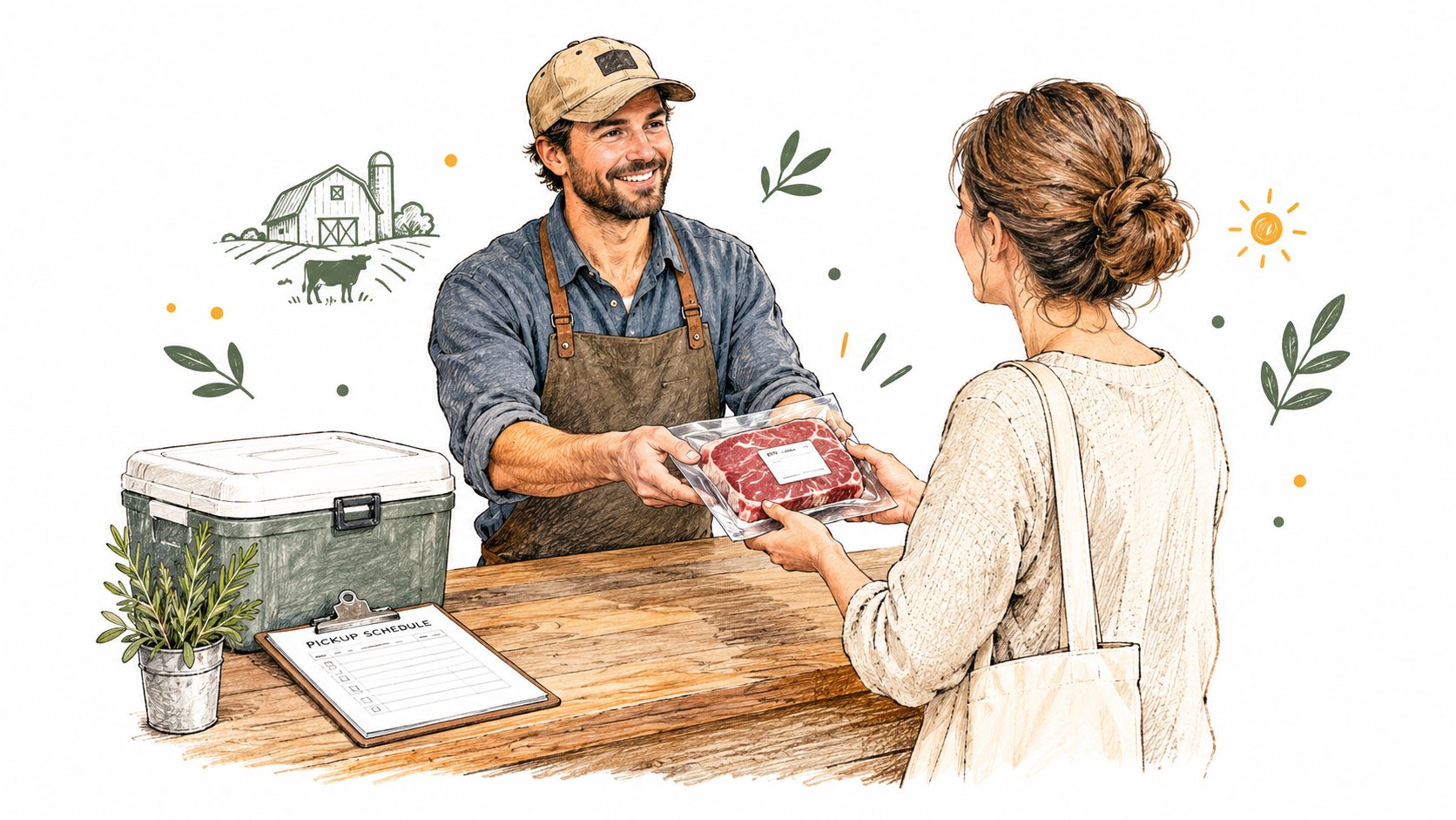 A friendly local farmer handing a package of fresh beef to a customer at a market stall.