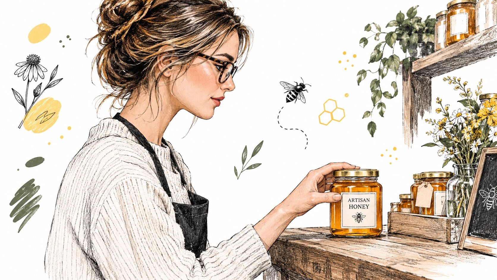 A young woman wearing an apron examining a jar of artisan honey in a rustic shop setting.